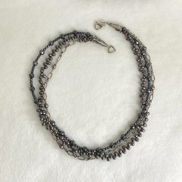 Sterling Silver 925 Triple Strand Peacock Pearl Hematite & Chain Necklace 17.5" - Picture 7 of 16